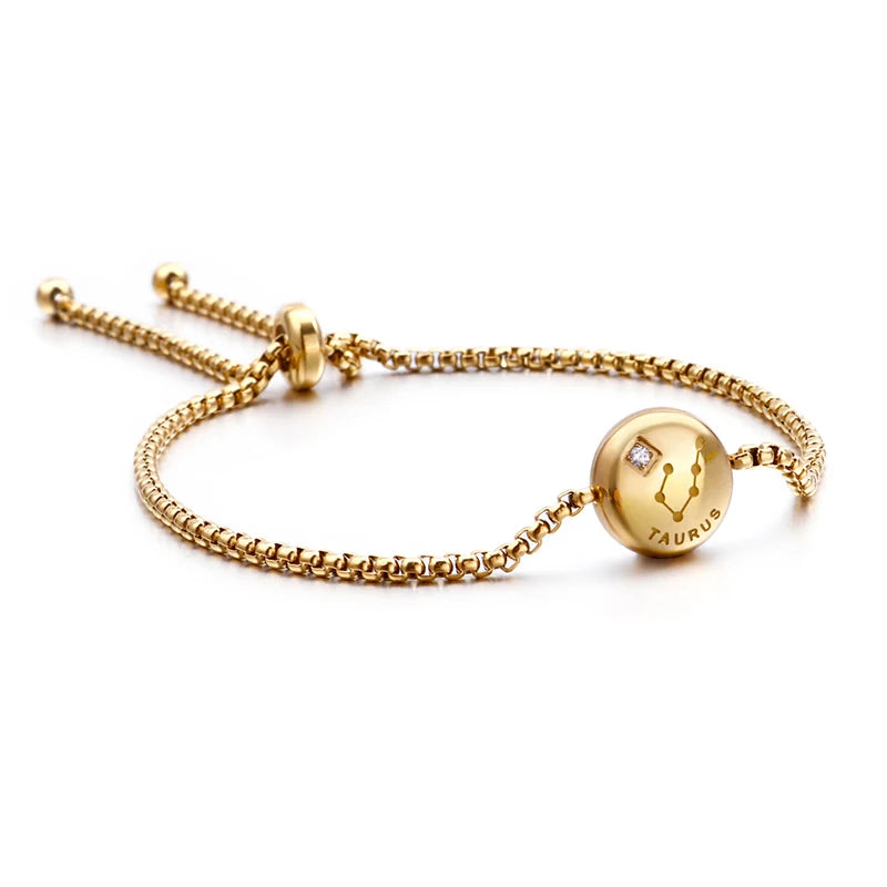 New Charm Gold Color Rhinestone 12 Constellation Adjustable Bracelet Shiny Micro Pave Zircon Zodiac Jewelry Christmas Gift