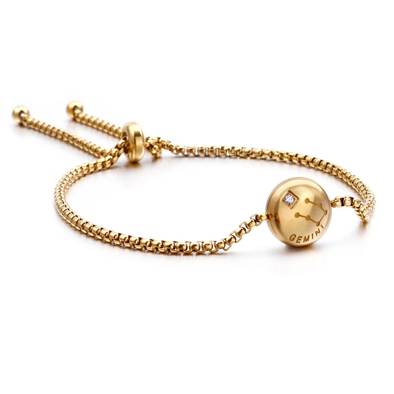 New Charm Gold Color Rhinestone 12 Constellation Adjustable Bracelet Shiny Micro Pave Zircon Zodiac Jewelry Christmas Gift