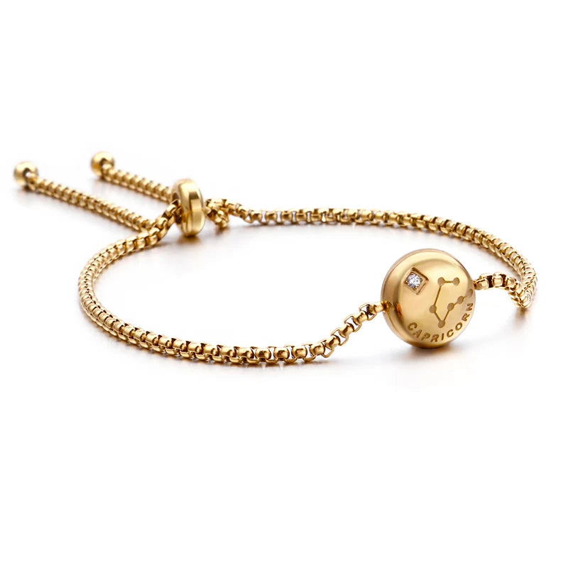New Charm Gold Color Rhinestone 12 Constellation Adjustable Bracelet Shiny Micro Pave Zircon Zodiac Jewelry Christmas Gift