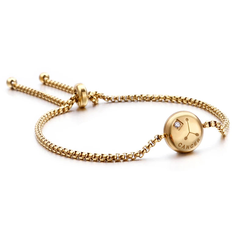 New Charm Gold Color Rhinestone 12 Constellation Adjustable Bracelet Shiny Micro Pave Zircon Zodiac Jewelry Christmas Gift