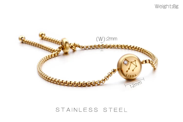 New Charm Gold Color Rhinestone 12 Constellation Adjustable Bracelet Shiny Micro Pave Zircon Zodiac Jewelry Christmas Gift