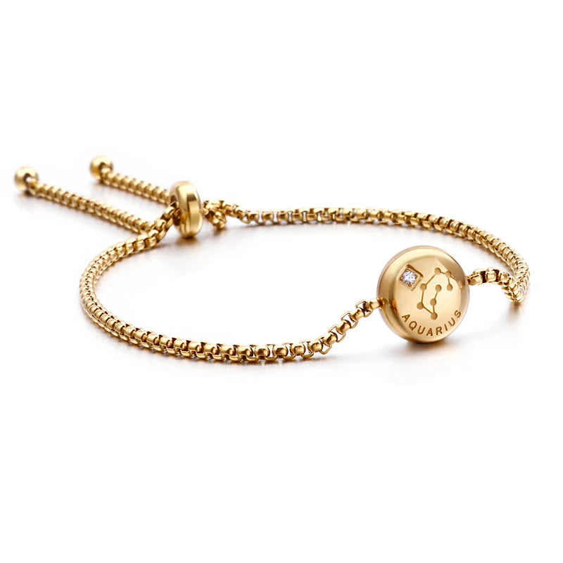 New Charm Gold Color Rhinestone 12 Constellation Adjustable Bracelet Shiny Micro Pave Zircon Zodiac Jewelry Christmas Gift